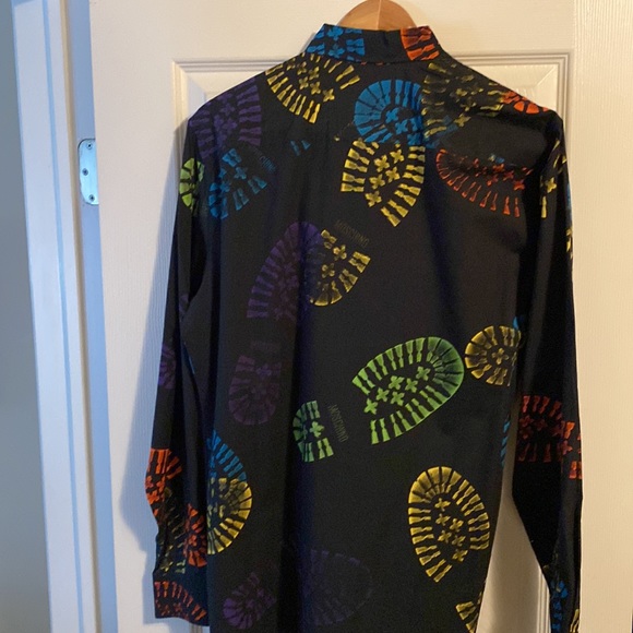SuperCOOL Moschino long sleeve shirt. Black with multi color bootprint. 42-16.5 - Picture 4 of 4